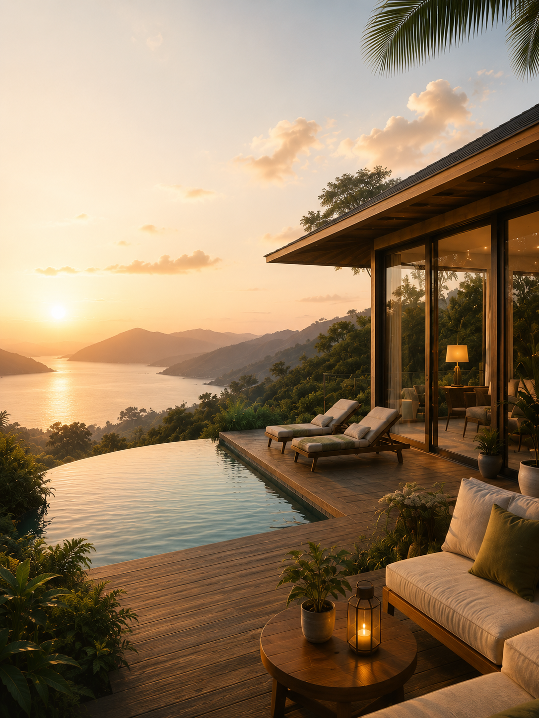 Cliffside villa with infinity pool overlooking the sea at golden hour