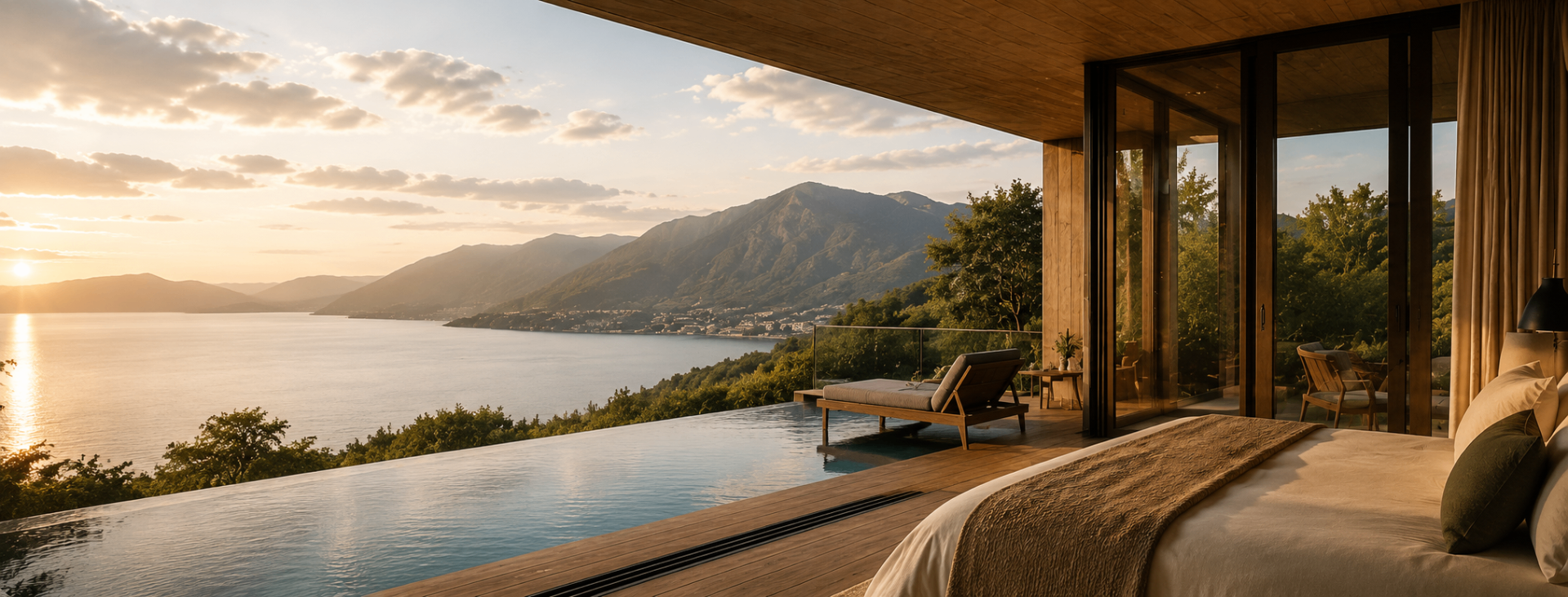 Cliffside boutique villa overlooking a lake at golden hour